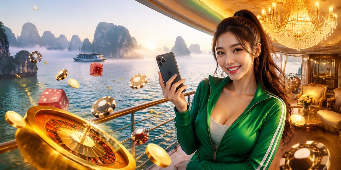 Người chơi trải nghiệm casino trực tuyến tại Hạ Long với điện thoại bên vịnh biển