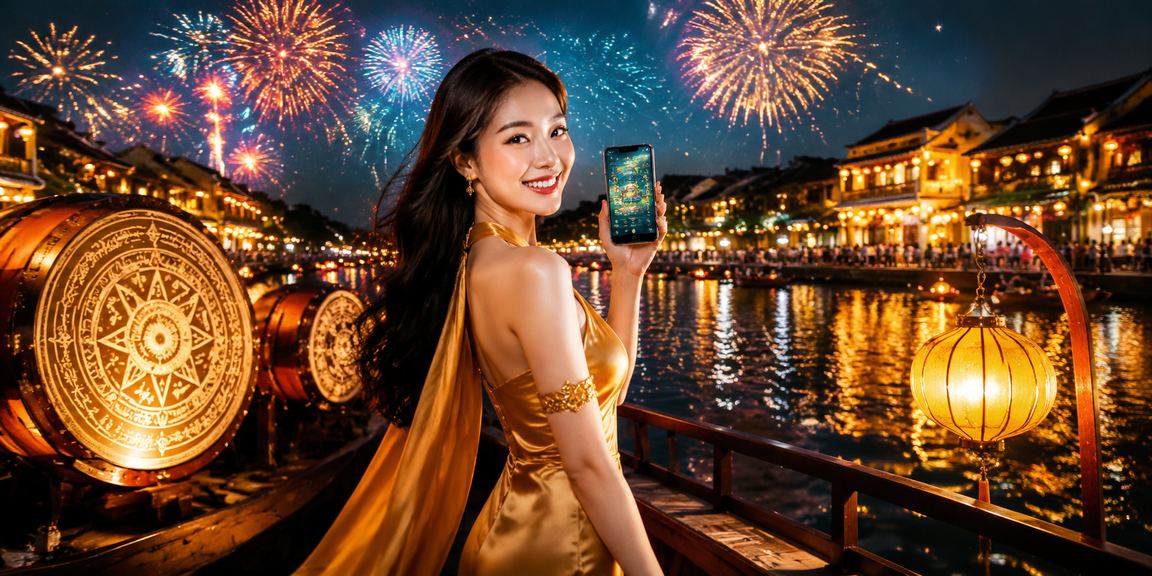 Người dùng tại Hội An chơi casino trên điện thoại dưới ánh đèn lồng truyền thống